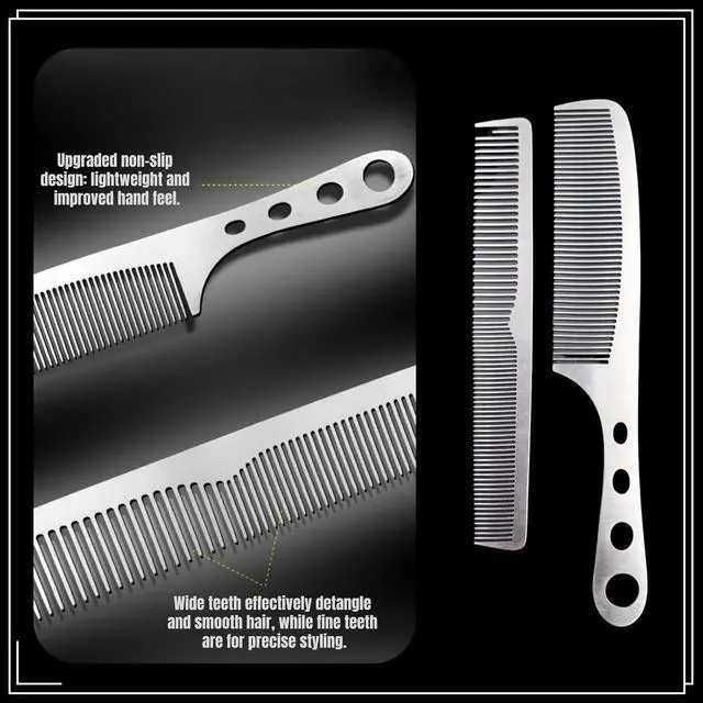 Alt view image 2 of 6 - 2Pcs Stainless Steel Fine Tooth Comb Set, Anti-Static Heat Resistant Hair Cutting & Styling Comb, Hollow Out Handle, Professional Barber Comb for Men Women