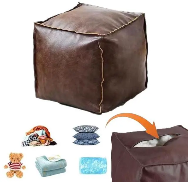 Main image of Storage Ottoman with Leather Stitched Cushion and Zipper, Stuffable Storage for Dolls, Blankets, Clothes, Pillows, Square Brown