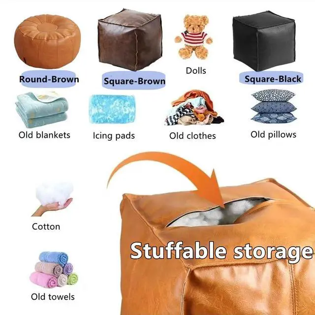 Alt view image 6 of 7 - Storage Ottoman with Leather Stitched Cushion and Zipper, Stuffable Storage for Dolls, Blankets, Clothes, Pillows, Square Brown