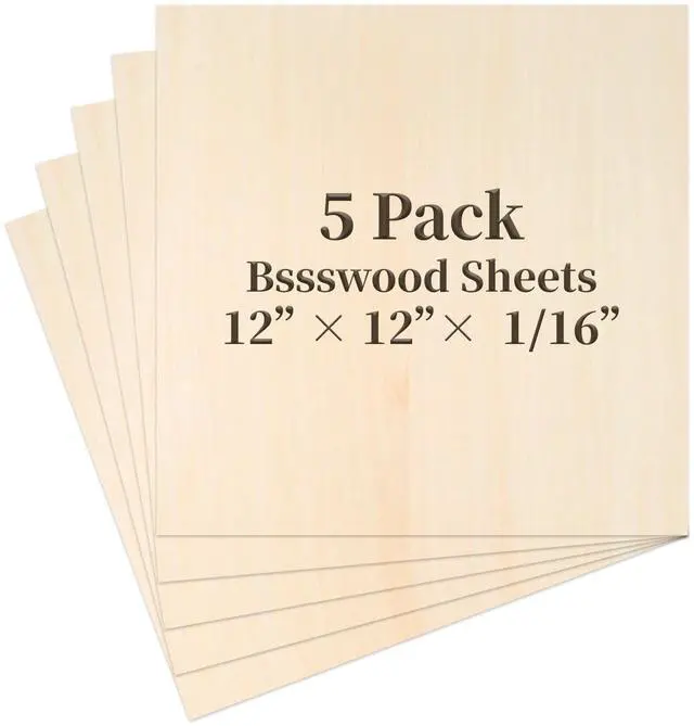 Main image of Balsa Wood, Plywood Sheet, Unfinished Basswood Blanks, 5Pcs, 12x12x1/16in