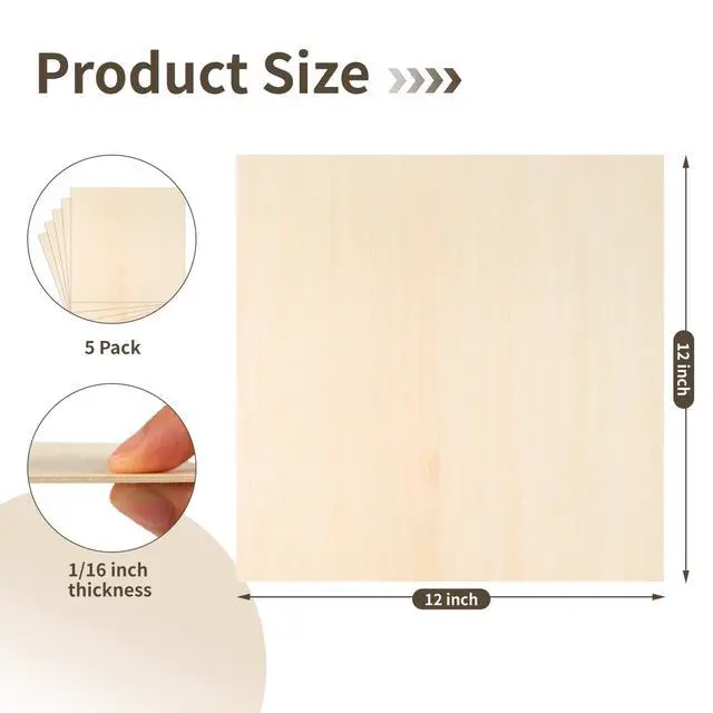 Alt view image 7 of 7 - Balsa Wood, Plywood Sheet, Unfinished Basswood Blanks, 5Pcs, 12x12x1/16in