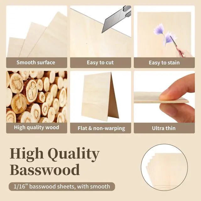 Alt view image 5 of 7 - Balsa Wood, Plywood Sheet, Unfinished Basswood Blanks, 5Pcs, 12x12x1/16in