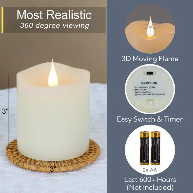 Alt view image 4 of 6 - TECHLONG Flameless Candles Battery Operated with Timer, 3D Moving Flame Flickering, 600+ Hours, 3" x 3" Ivory Real Wax Electric LED Candle for Wedding Party Decorations
