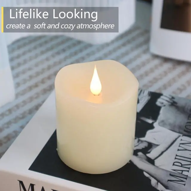 Alt view image 2 of 6 - TECHLONG Flameless Candles Battery Operated with Timer, 3D Moving Flame Flickering, 600+ Hours, 3" x 3" Ivory Real Wax Electric LED Candle for Wedding Party Decorations