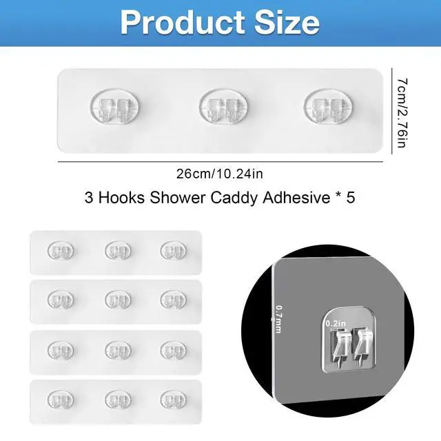 Alt view image 5 of 7 - Upgraded Shower Caddy Adhesive Replacement, Strong Waterproof Adhesive Hooks & Strips for Shower Organizer and Kitchen Racks, 5 Pcs Triple Hooks