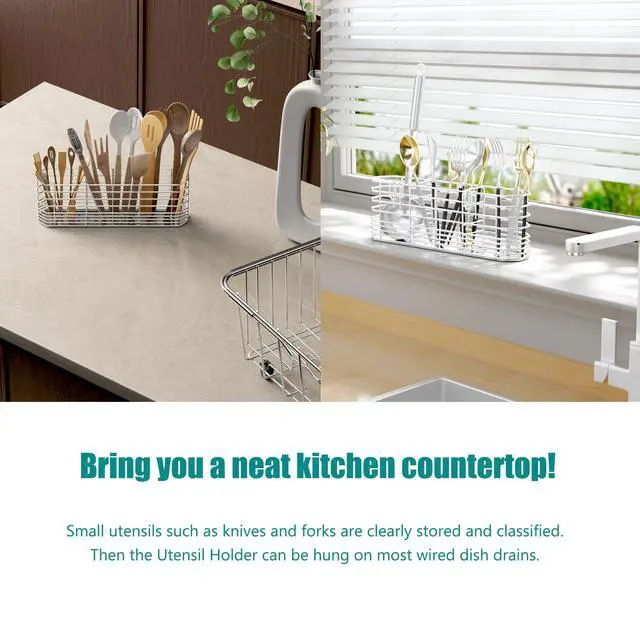 Alt view image 3 of 6 - NiuYichee 304 Stainless Steel Utensil Holder with Hooks, Dish Drying Rack and Knife and Fork Drainage Rack, Silver