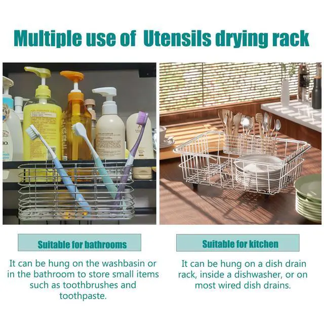 Alt view image 6 of 6 - NiuYichee 304 Stainless Steel Utensil Holder with Hooks, Dish Drying Rack and Knife and Fork Drainage Rack, Silver