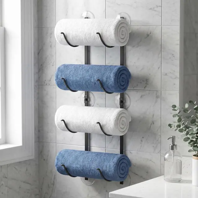 Main image of 4-Tier Wall Mounted Bathroom Rolled Towel Rack, Adhesive & Drill Hanging Organizer for Towels, Blankets, Large Bath Sheets, Space Saving for RV and Apartment