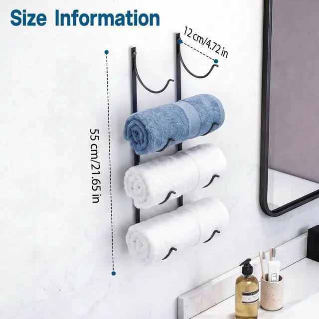 Alt view image 6 of 6 - 4-Tier Wall Mounted Bathroom Rolled Towel Rack, Adhesive & Drill Hanging Organizer for Towels, Blankets, Large Bath Sheets, Space Saving for RV and Apartment