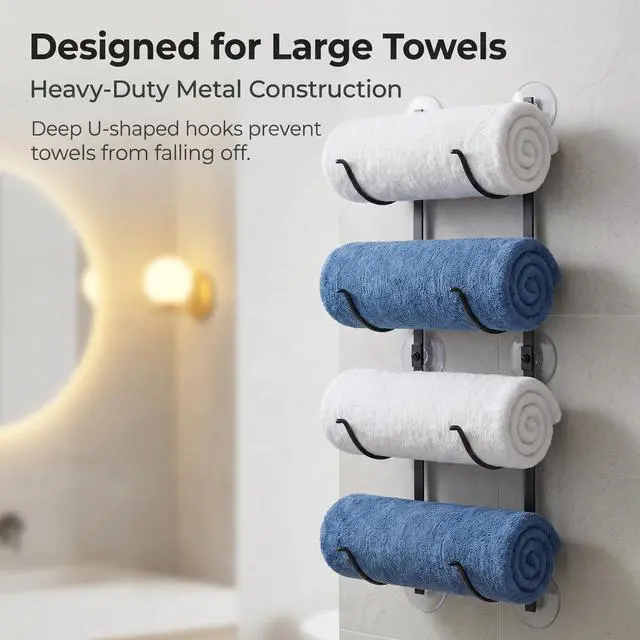 Alt view image 5 of 6 - 4-Tier Wall Mounted Bathroom Rolled Towel Rack, Adhesive & Drill Hanging Organizer for Towels, Blankets, Large Bath Sheets, Space Saving for RV and Apartment