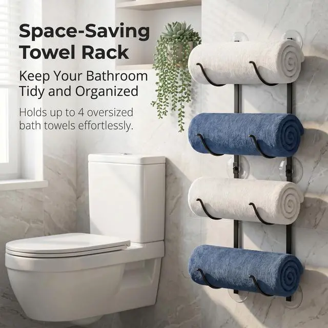 Alt view image 4 of 6 - 4-Tier Wall Mounted Bathroom Rolled Towel Rack, Adhesive & Drill Hanging Organizer for Towels, Blankets, Large Bath Sheets, Space Saving for RV and Apartment