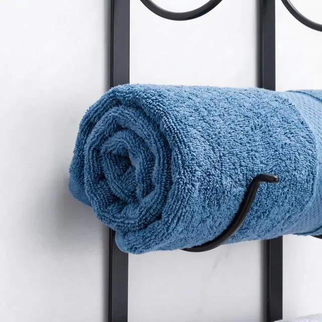 Alt view image 2 of 6 - 4-Tier Wall Mounted Bathroom Rolled Towel Rack, Adhesive & Drill Hanging Organizer for Towels, Blankets, Large Bath Sheets, Space Saving for RV and Apartment