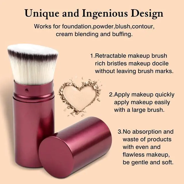 Alt view image 5 of 7 - Retractable Kabuki Makeup Brush with Cover, Portable Travel Face Brush for Foundation, Powder, Blush & Bronzer, Cruelty-Free & Vegan