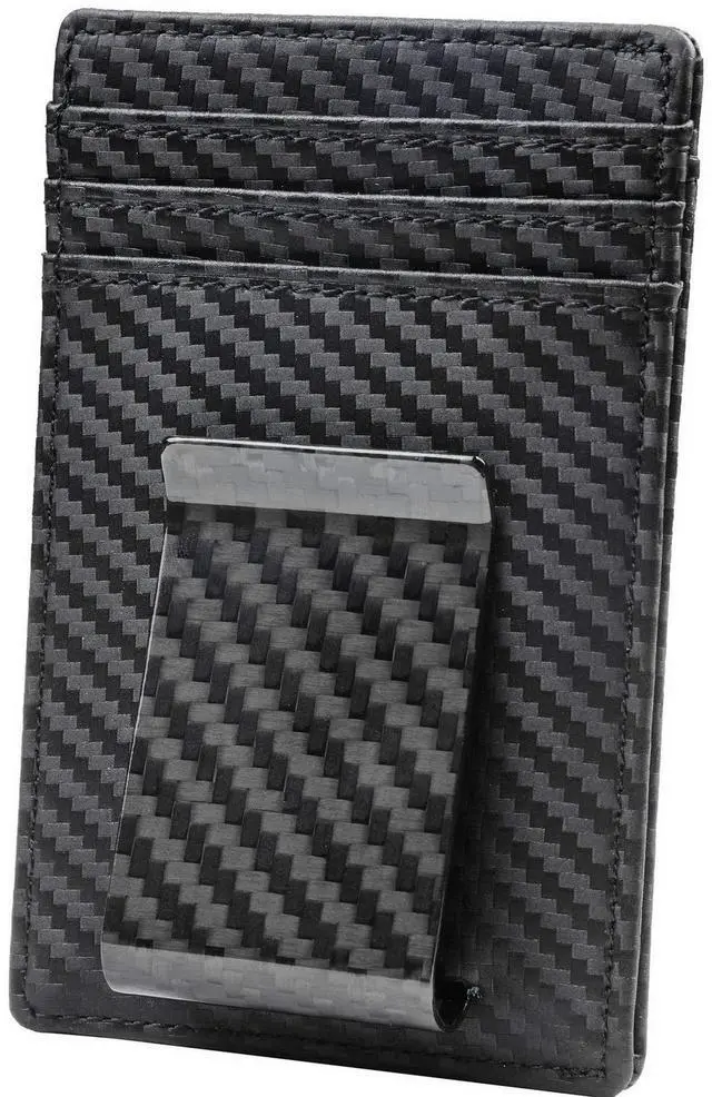Main image of Travelambo Carbon Fiber Money Clip Wallet Slim Minimalist Card Holder RFID Blocking Leather Weaved Black