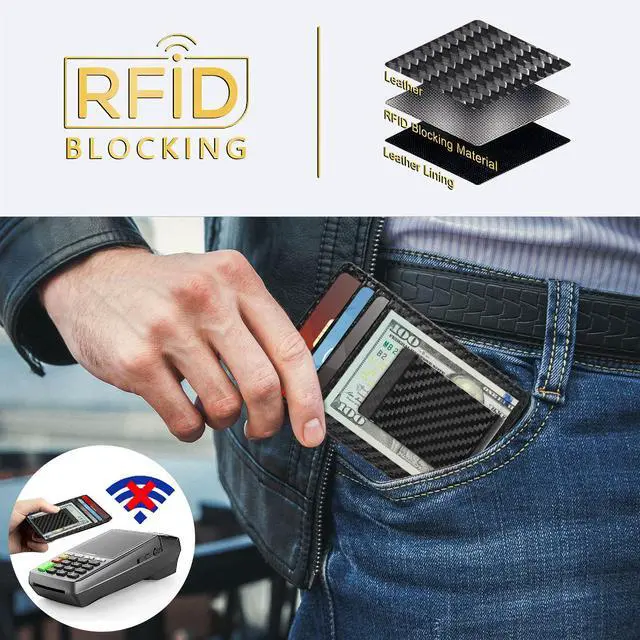 Alt view image 5 of 6 - Travelambo Carbon Fiber Money Clip Wallet Slim Minimalist Card Holder RFID Blocking Leather Weaved Black