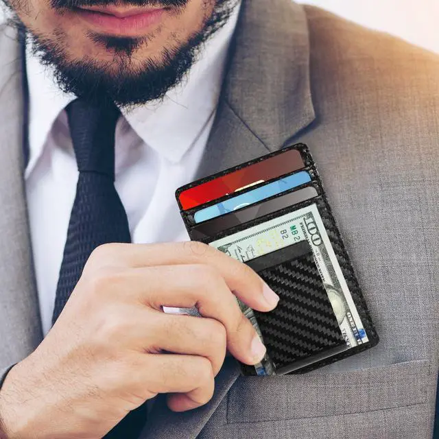 Alt view image 3 of 6 - Travelambo Carbon Fiber Money Clip Wallet Slim Minimalist Card Holder RFID Blocking Leather Weaved Black
