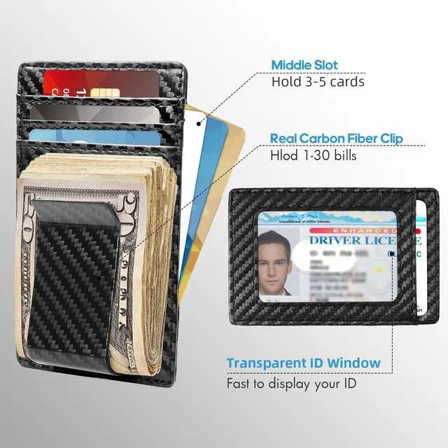 Alt view image 6 of 6 - Travelambo Carbon Fiber Money Clip Wallet Slim Minimalist Card Holder RFID Blocking Leather Weaved Black