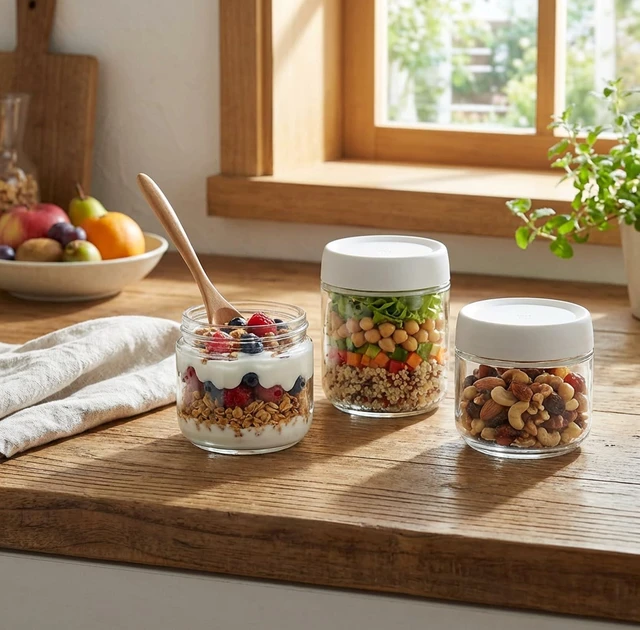 Alt view image 4 of 6 - 3Pack 10oz Glass Jars with Screw Lids, Wide Mouth Overnight Oats Containers, Meal Prep Food Storage Containers for Salad Dressing, Fruit, Veggies, Sauce, Snacks, Spice Ja