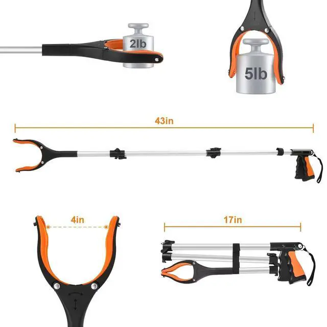 Alt view image 5 of 6 - Grab It 43" Extra Long Foldable Reacher Grabber Tool with Rotating Jaw and Magnets, 4" Wide Claw Opening, Heavy Duty