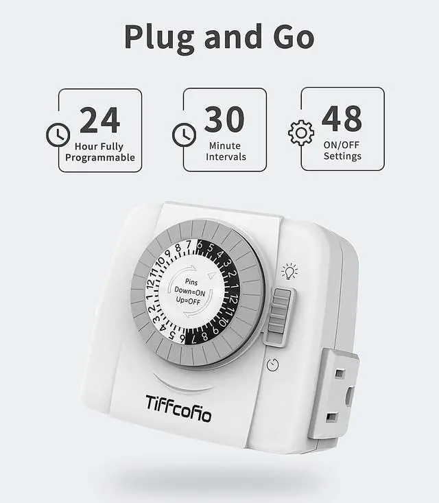 Alt view image 5 of 7 - TiFFCOFiO 24-Hour Programmable Indoor Mechanical Outlet Timer, 3 Prong, 2 Outlets, 1 Pack, ETL Listed