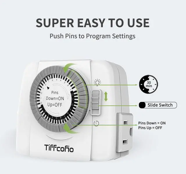 Alt view image 7 of 7 - TiFFCOFiO 24-Hour Programmable Indoor Mechanical Outlet Timer, 3 Prong, 2 Outlets, 1 Pack, ETL Listed