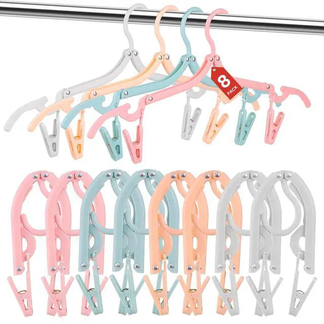 Main image of 8 Pack Foldable Travel Hangers with 16 Clips - Space Saving Portable Collapsible Hooks for Cruise, RV, Hotel (Assorted Colors)