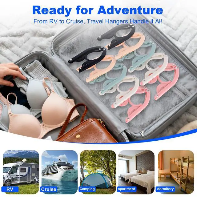 Alt view image 6 of 7 - 8 Pack Foldable Travel Hangers with 16 Clips - Space Saving Portable Collapsible Hooks for Cruise, RV, Hotel (Assorted Colors)