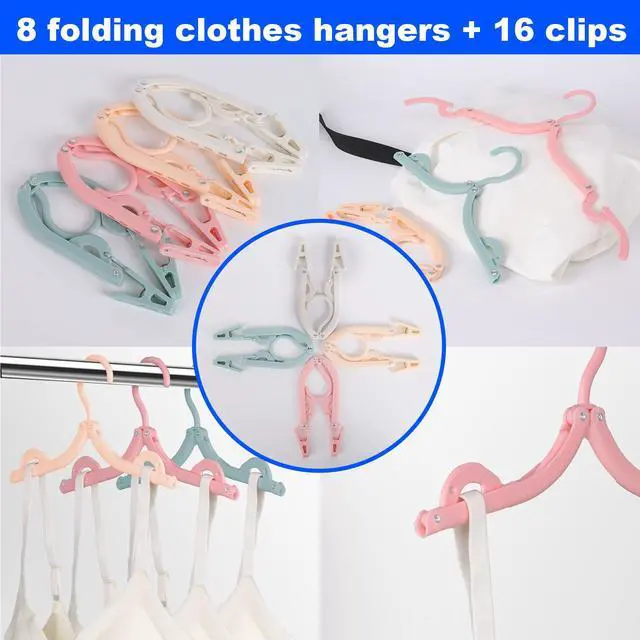 Alt view image 3 of 7 - 8 Pack Foldable Travel Hangers with 16 Clips - Space Saving Portable Collapsible Hooks for Cruise, RV, Hotel (Assorted Colors)