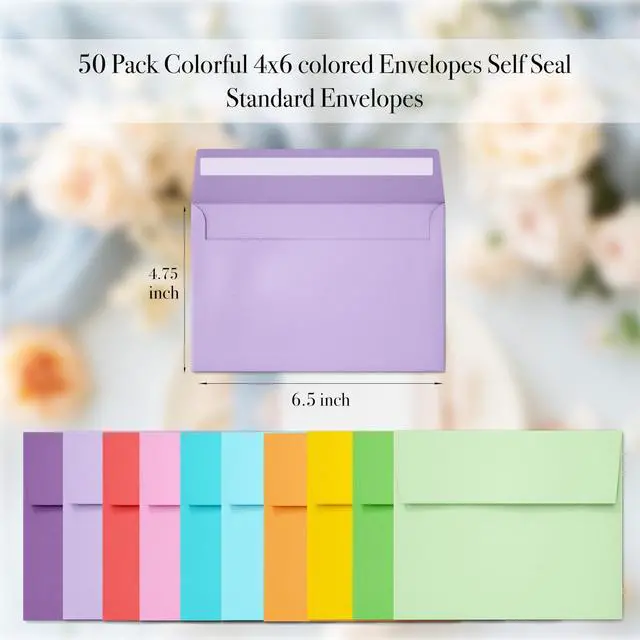 Alt view image 2 of 7 - Slapaflife 50 Pack 4x6 Colored Envelopes for Invitations, Postcards, Wedding, Greeting Cards, Photos