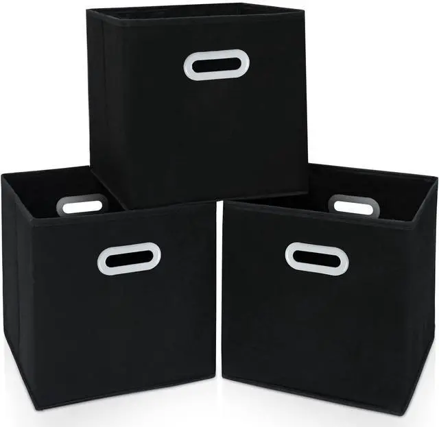 Main image of Fabric Storage Bins, Cube Organizer, Set of 3, Dual Handles, Foldable, Black