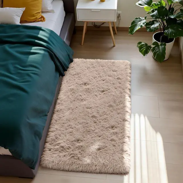 Main image of Beige 2x4 Fluffy Shag Rug for Bedroom Bedside Carpet