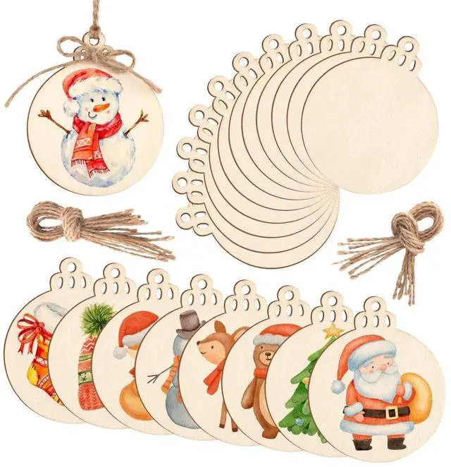 Main image of Round Wooden Circles with Holes, 20 Pcs Unfinished Natural Wood Slices for Painting, Christmas Ornaments, DIY Hanging Decorations, Size:3.13in x 2.55in