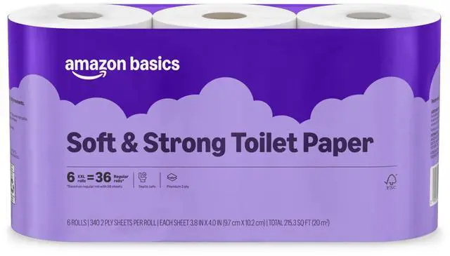 Main image of Amazon Basics Soft and Strong 2-Ply Toilet Paper, Unscented, 6 Ultra Rolls (24 Regular Rolls Equivalent), 340 Sheets per Roll, 1 Pack of 6