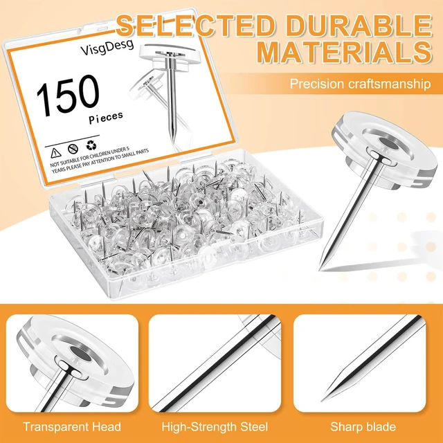 Alt view image 4 of 7 - 150Pcs Clear Push Pins, Reusable Flat Head Thumbtacks for Bulletin Board, Maps, Posters, Wall Hanging, Craft Projects