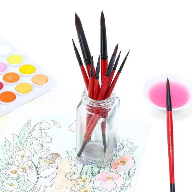 Alt view image 4 of 6 - Transon Round Paint Brush Set 9pcs Synthetic Sable Hair for Acrylic, Watercolor, Gouache, Ink, Craft & Detail Painting