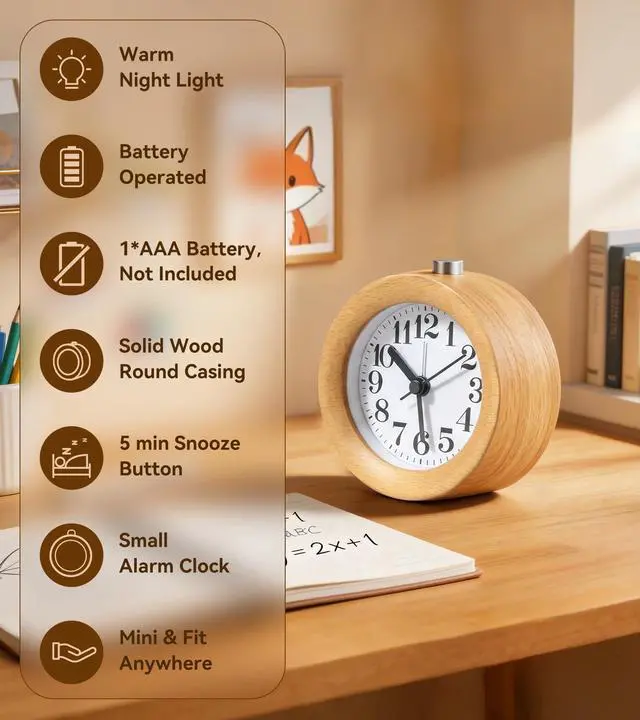 Alt view image 3 of 7 - Wood Analog Alarm Clock, Silent Non-Ticking for Quiet Bedrooms