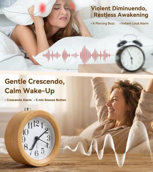 Alt view image 6 of 7 - Wood Analog Alarm Clock, Silent Non-Ticking for Quiet Bedrooms