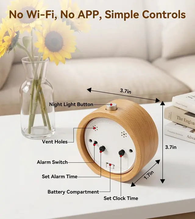 Alt view image 5 of 7 - Wood Analog Alarm Clock, Silent Non-Ticking for Quiet Bedrooms