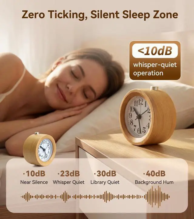 Alt view image 7 of 7 - Wood Analog Alarm Clock, Silent Non-Ticking for Quiet Bedrooms