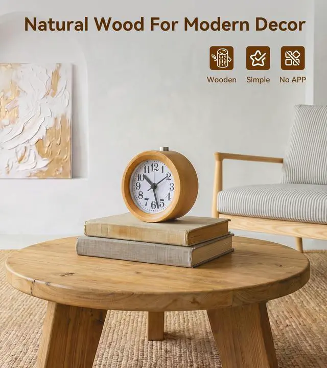 Alt view image 4 of 7 - Wood Analog Alarm Clock, Silent Non-Ticking for Quiet Bedrooms
