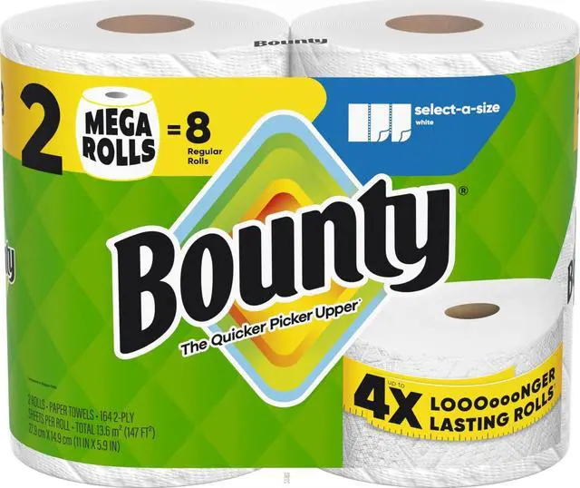 Main image of Bounty Select-A-Size Paper Towels, 2 Mega Rolls = 8 Regular Rolls, White