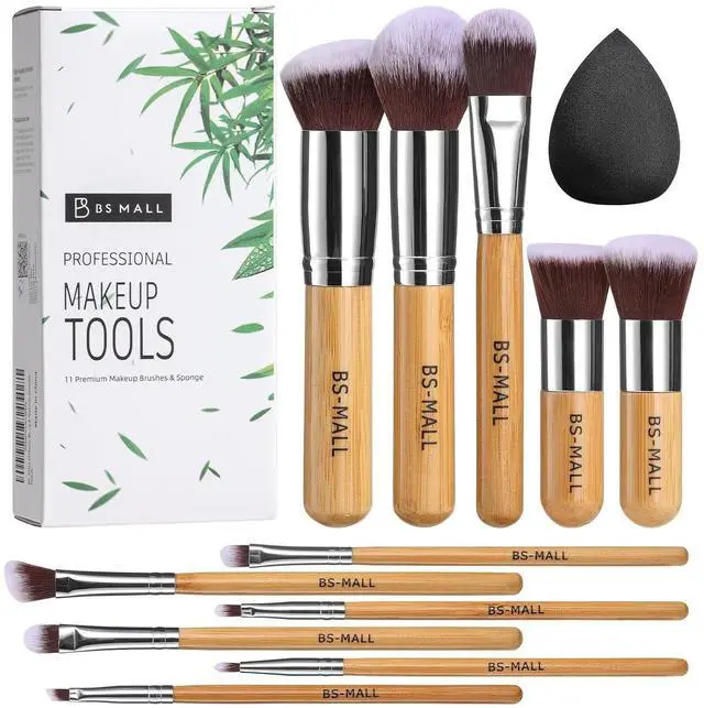 Main image of BS-MALL 11Pcs Makeup Brush Set with Sponge, Professional Bamboo Brushes for Foundation, Powder, Blush, Concealer, Eyeshadow & Blending, Travel, Beginners & Makeup Artists