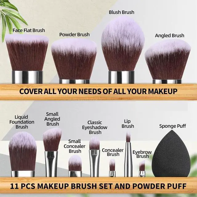 Alt view image 6 of 6 - BS-MALL 11Pcs Makeup Brush Set with Sponge, Professional Bamboo Brushes for Foundation, Powder, Blush, Concealer, Eyeshadow & Blending, Travel, Beginners & Makeup Artists