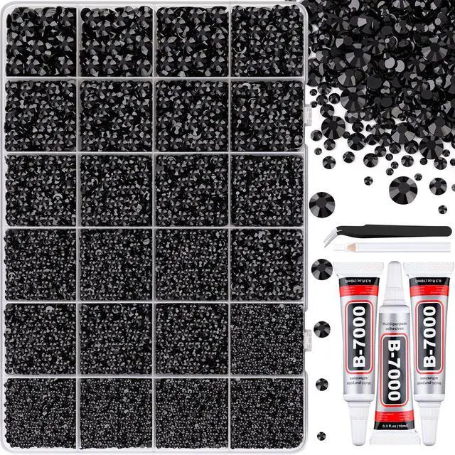 Main image of 32000 Pcs Black Flatback Resin Rhinestone Gems Crystal Bedazzler Kit with 3 Pcs 10ml B7000 Jewelry Glue and Tweezers for Makeup Crafting Nail Art
