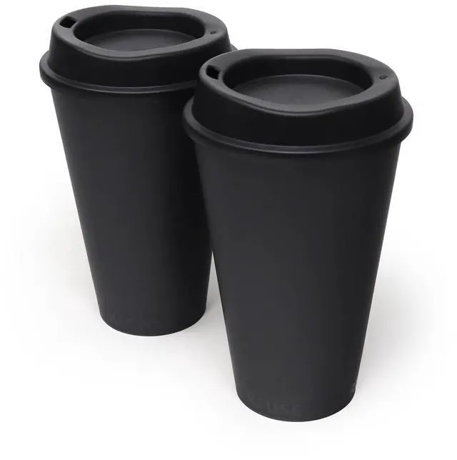 Main image of Rolling Sands USA Made 16 oz Reusable Coffee Cups with Lids, 2 Pack, Black, for Hot or Cold Drinks, Dishwasher and Microwave Safe