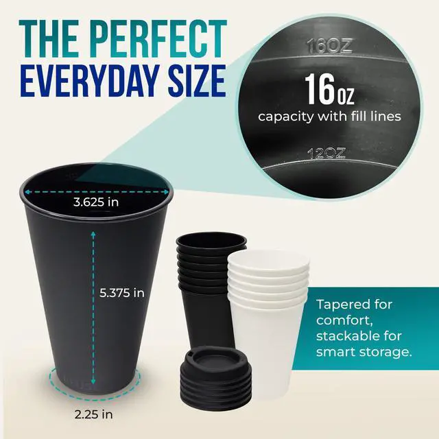 Alt view image 3 of 6 - Rolling Sands USA Made 16 oz Reusable Coffee Cups with Lids, 2 Pack, Black, for Hot or Cold Drinks, Dishwasher and Microwave Safe