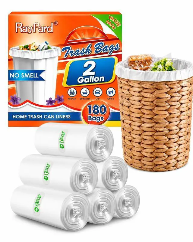 Main image of 180 Counts 2 Gallon Small Clear Strong Trash Bags by RayPard, for 1.6-2.2 Gal Waste Baskets, 6.5-7 Liter Trash Can Liners, Home Office Kitchen Bathroom Bedroom
