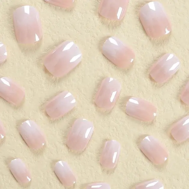 Alt view image 6 of 7 - Gradient Short Square Chrome Press On Nails French Acrylic Design Glossy Reusable Full Cover Fake Nails for Women and Girls