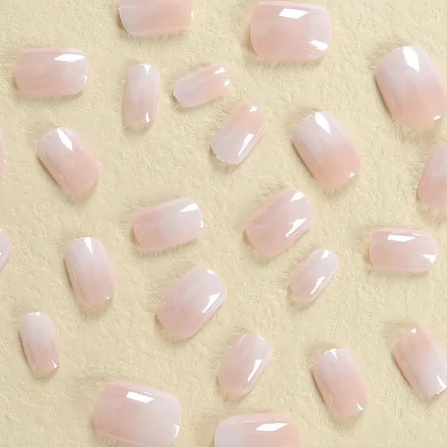 Alt view image 2 of 7 - Gradient Short Square Chrome Press On Nails French Acrylic Design Glossy Reusable Full Cover Fake Nails for Women and Girls
