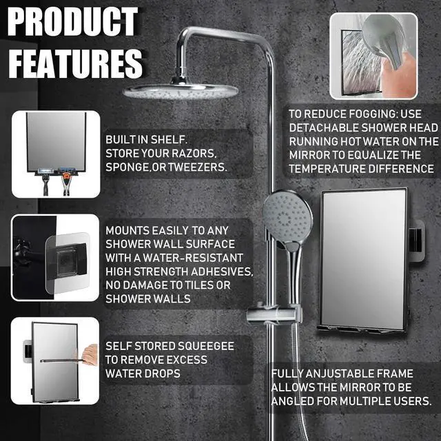 Alt view image 3 of 7 - LFOYOU Shower Mirror with Squeegee for Shaving & Face Washing, 360 Rotation Adjustable, Built-in Two Razor Holders, Easy Install Home Shower Accessory (Not Fogless)